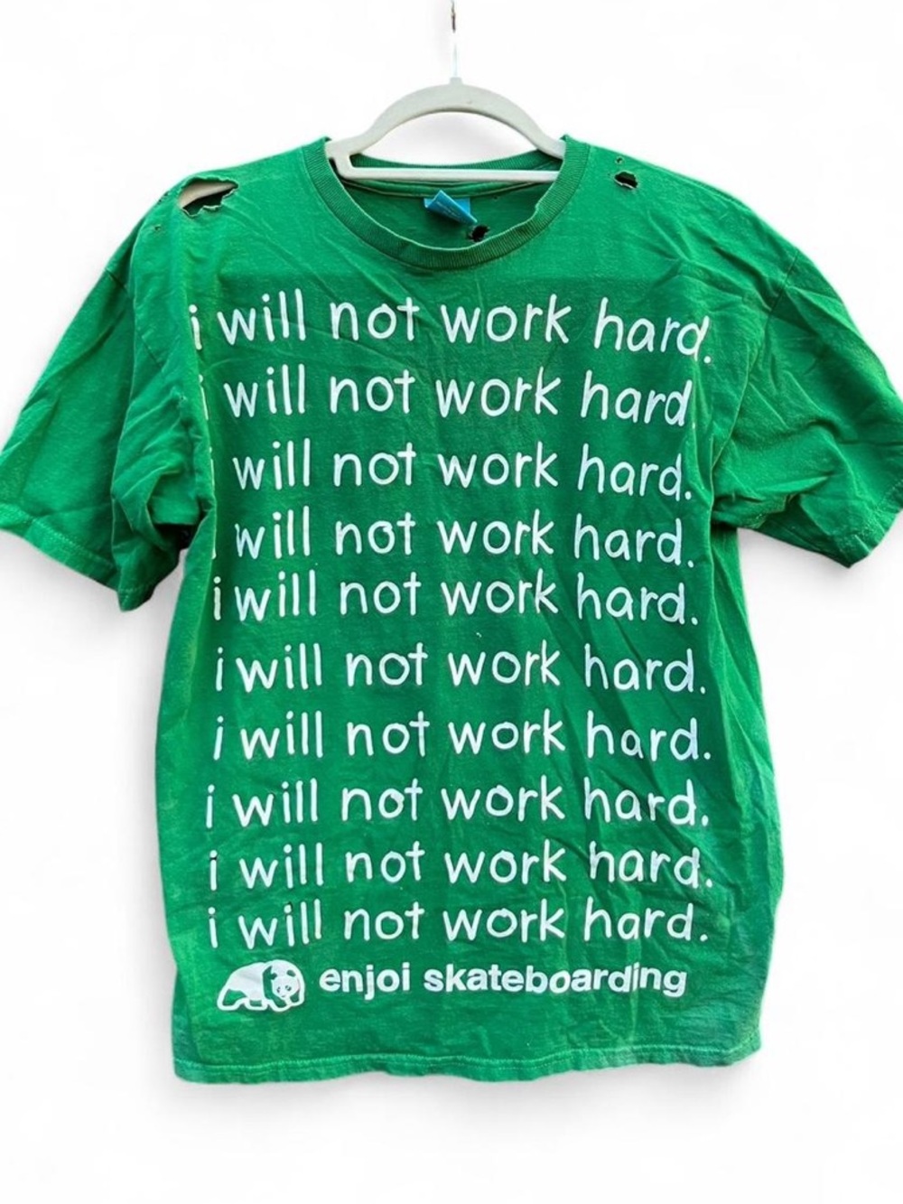 Vintage Enjoi Skateboarding T-Shirt Green I Will Not Work Hard Distressed M